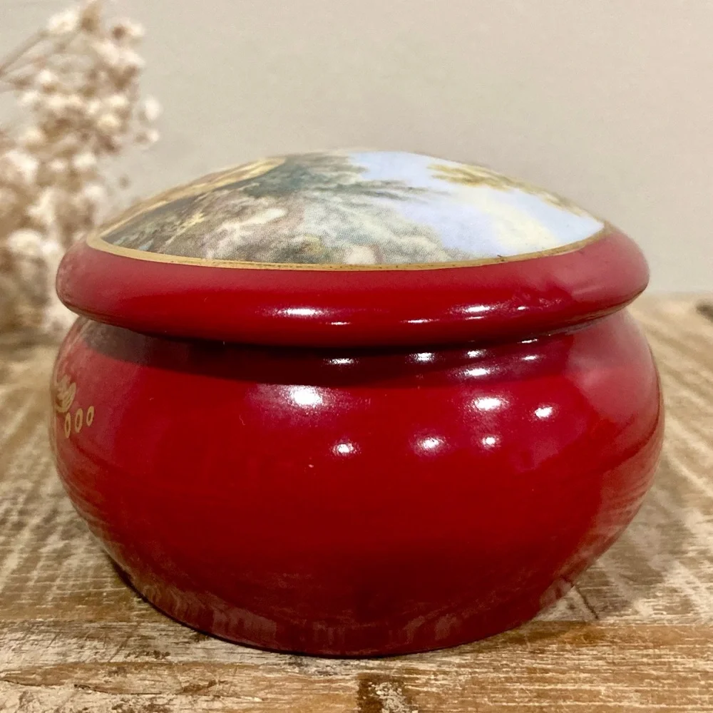 Limoges China Trinket Box with Rococo Couple – Red & Gold Oval Shaped